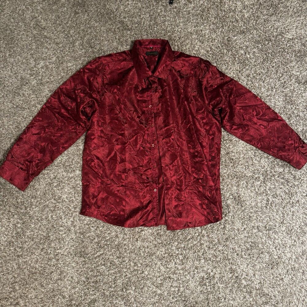 DiBanGu Men's Red Paisley Jacquard Long Sleeve Button-Up Shirt XL Silk